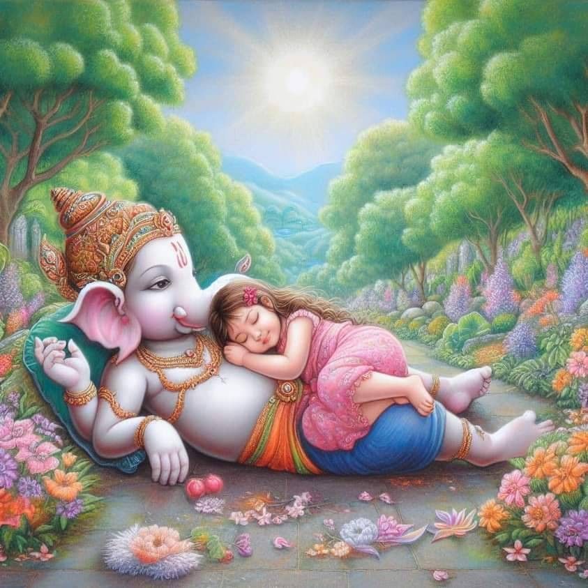 Ganesha cradles a sleeping baby in forest.