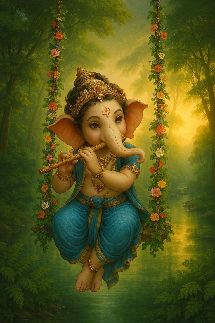 Baby Ganesha playing flute on a swing