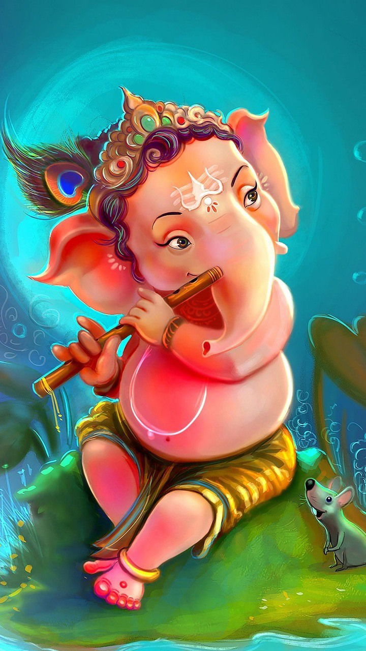 Child Ganesha playing a flute happily.