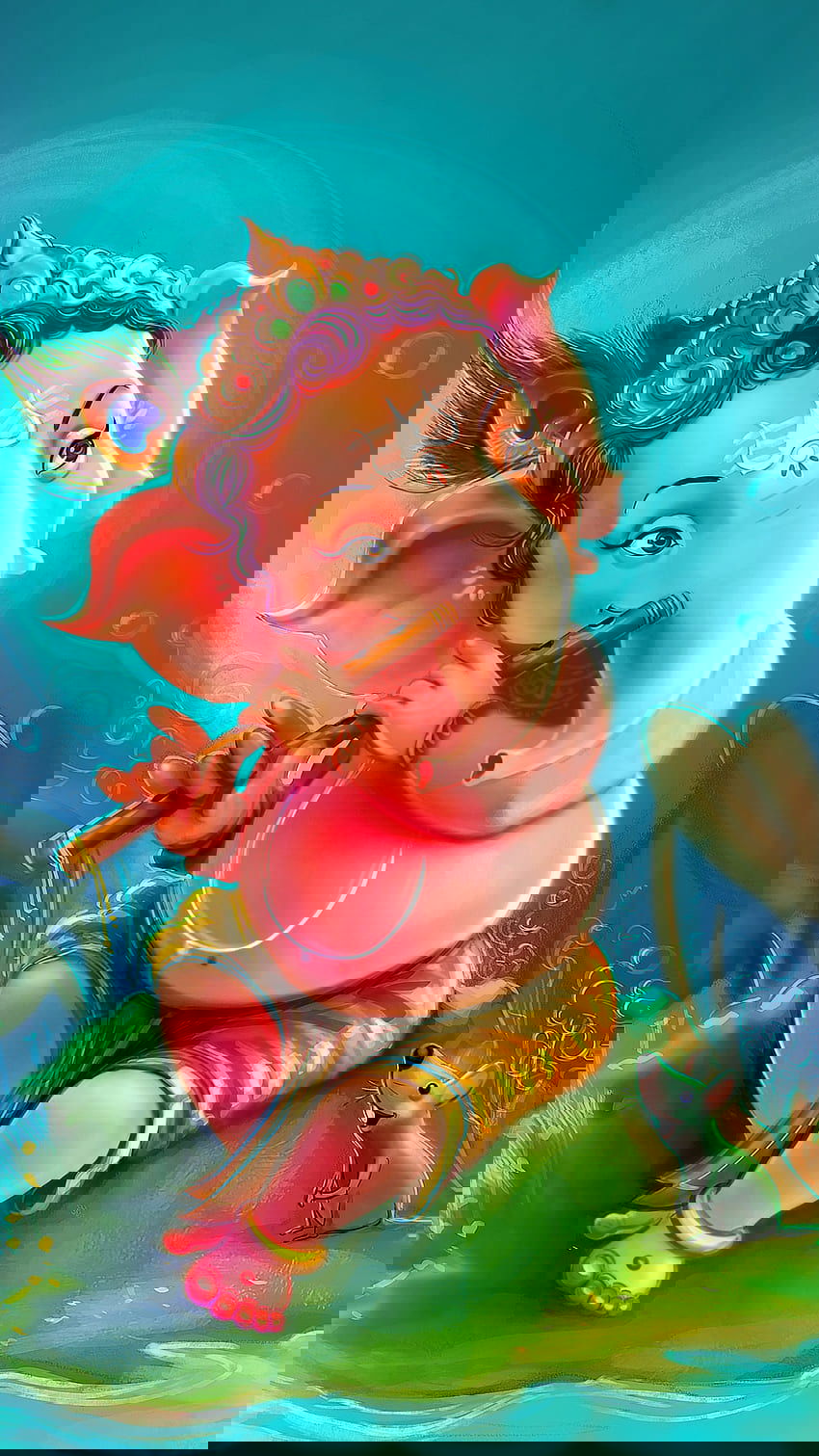 Baby Ganesha playing a flute happily