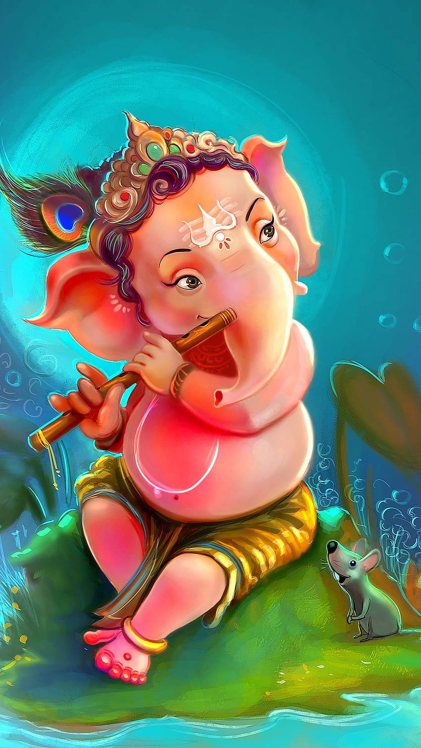 Baby Ganesha playing a flute happily