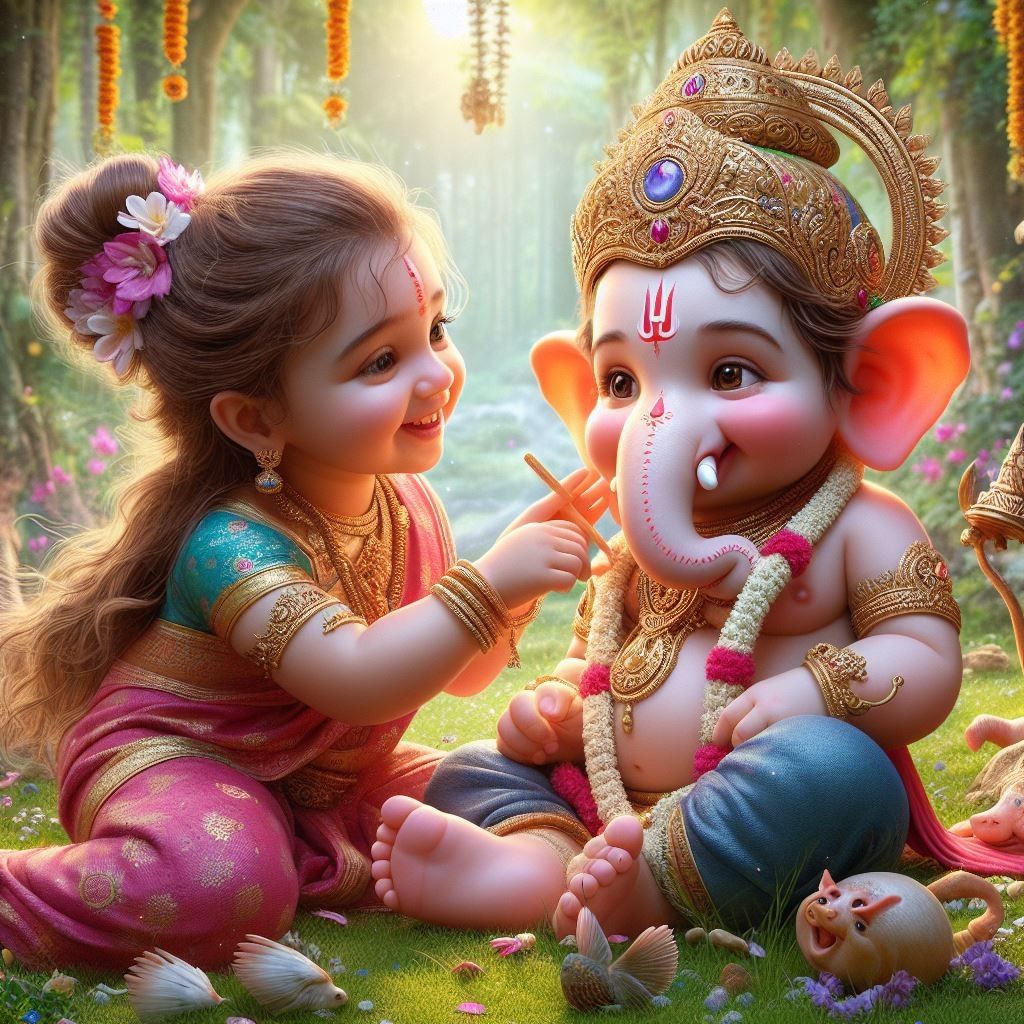 Baby Ganesha and a little girl playing.