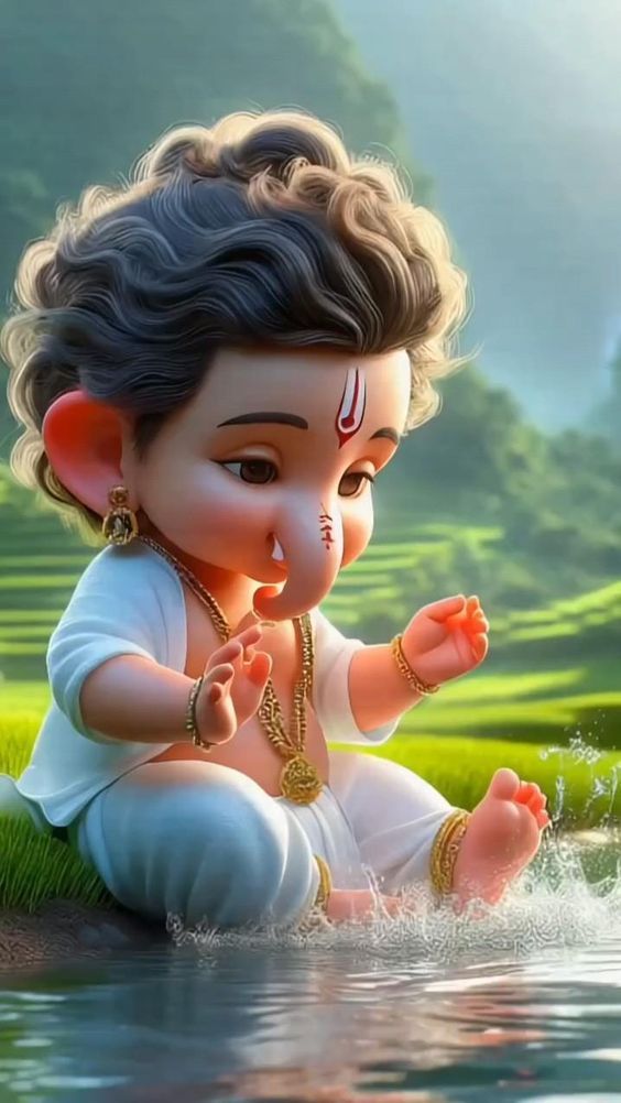 Playful baby Ganesha splashing in water