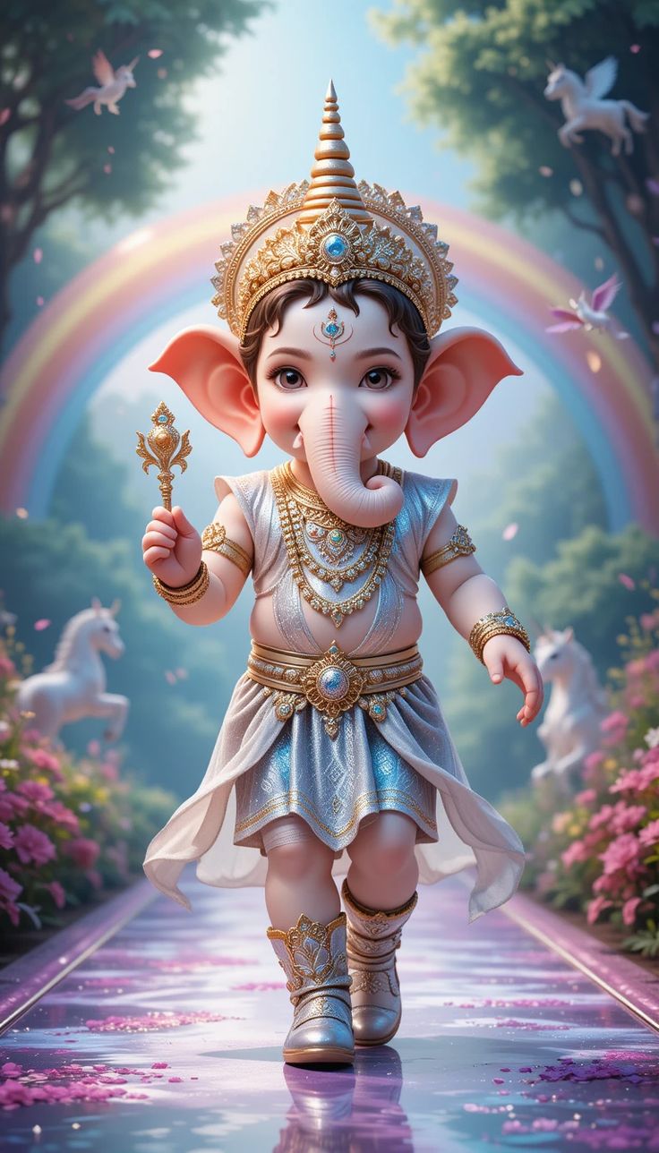 Baby Ganesha walking on rainbow path