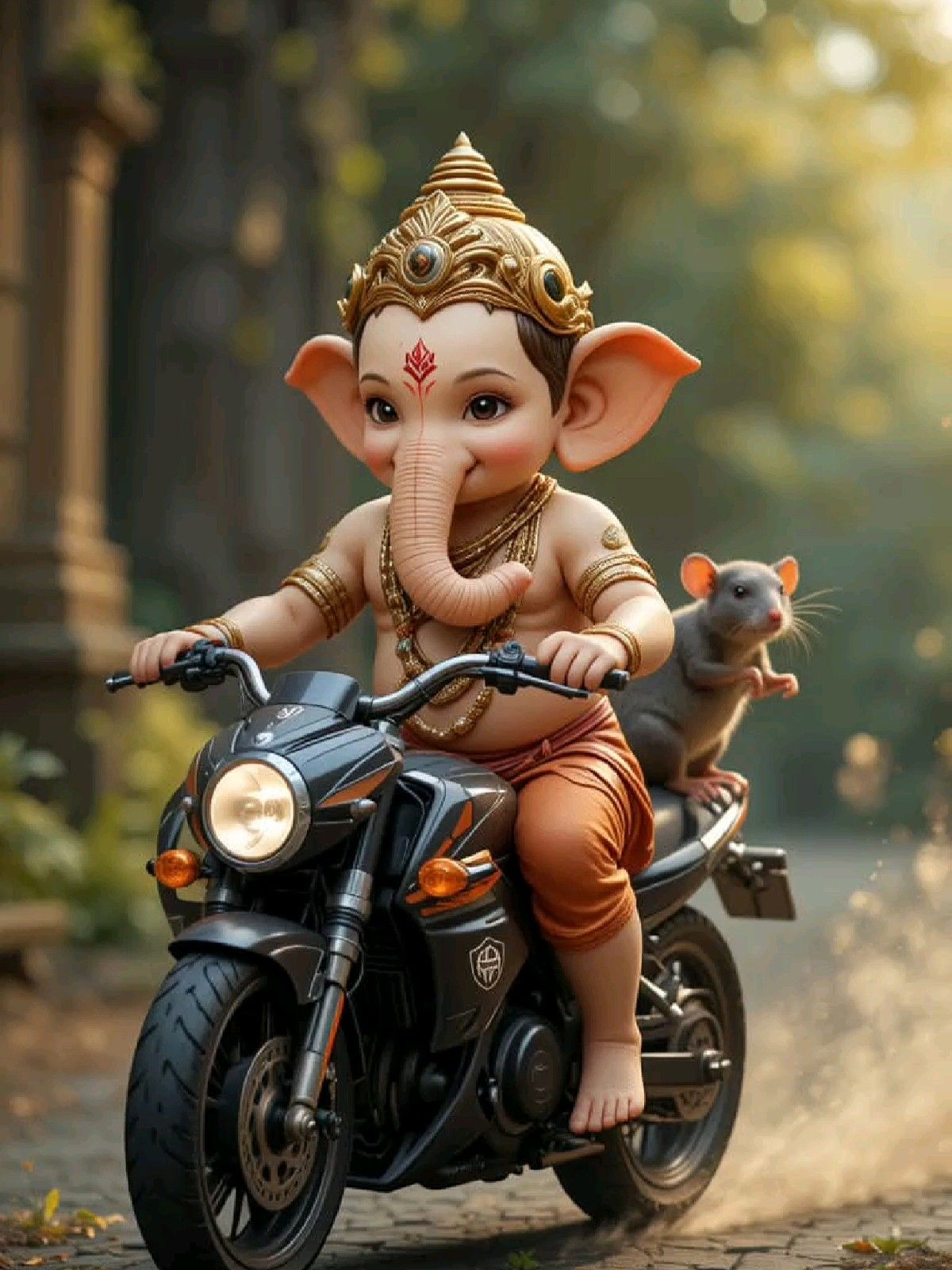 Ganesha riding a motorcycle, joyful artwork.