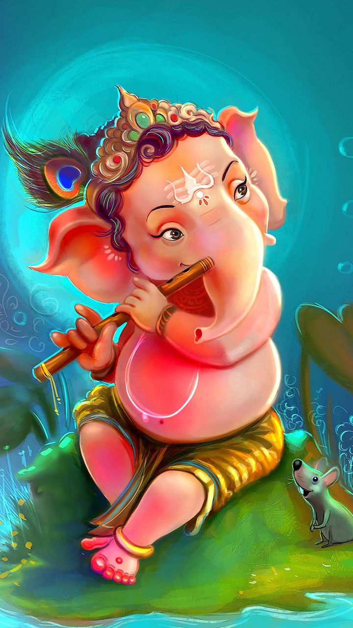 Child Ganesha playing a flute happily