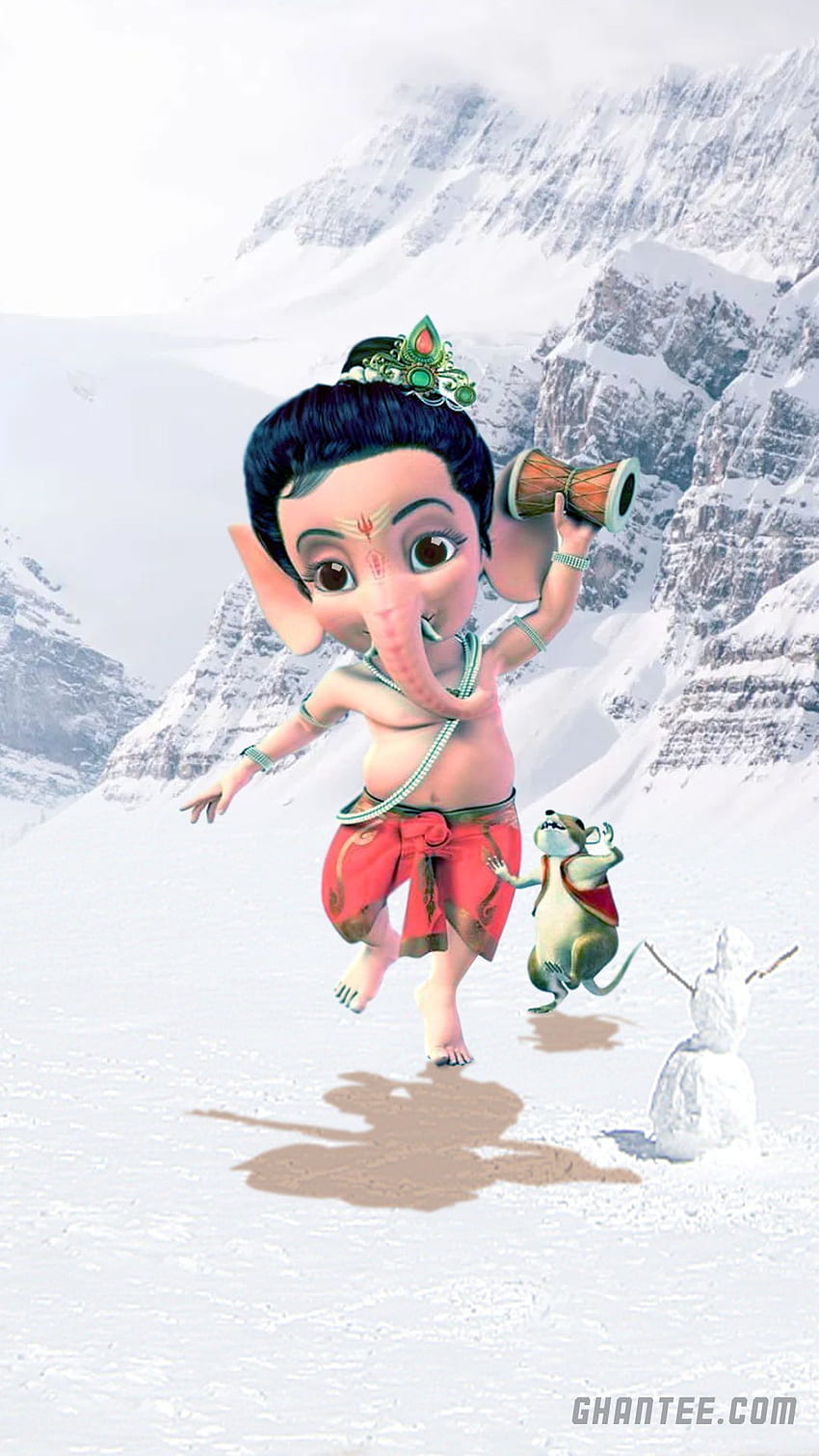 Cartoon Ganesha playing in the snow