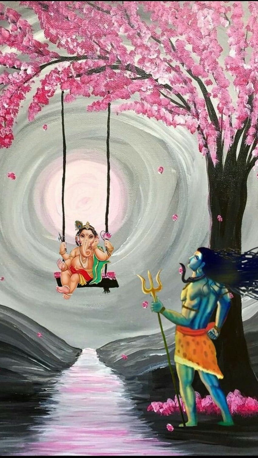 Ganesha and Shiva in a floral setting