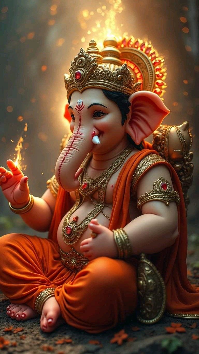 Smiling Ganesha with modak in hand.