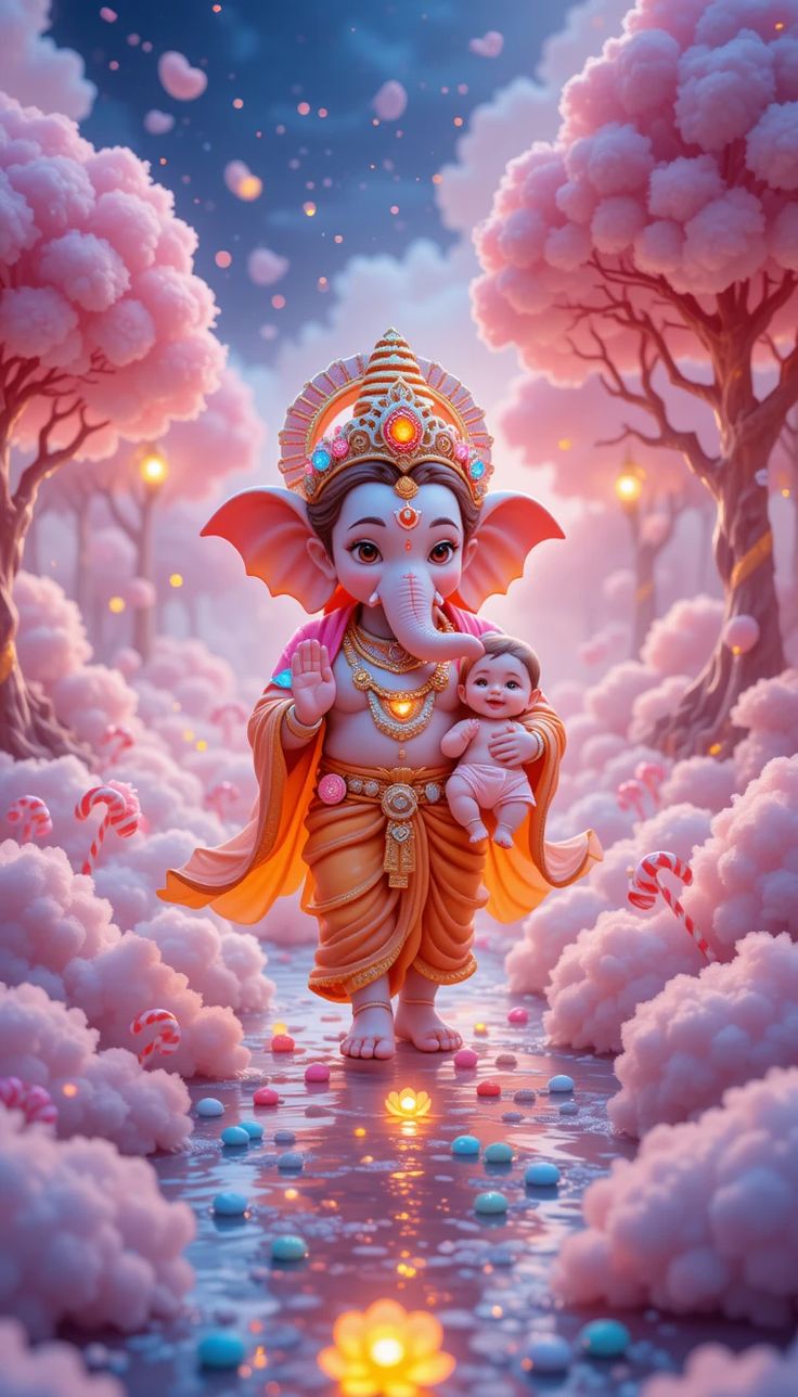 Young Ganesha with a baby in a flower garden