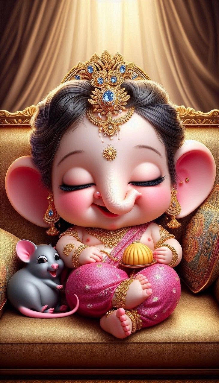 Baby Ganesha with a modak and mouse