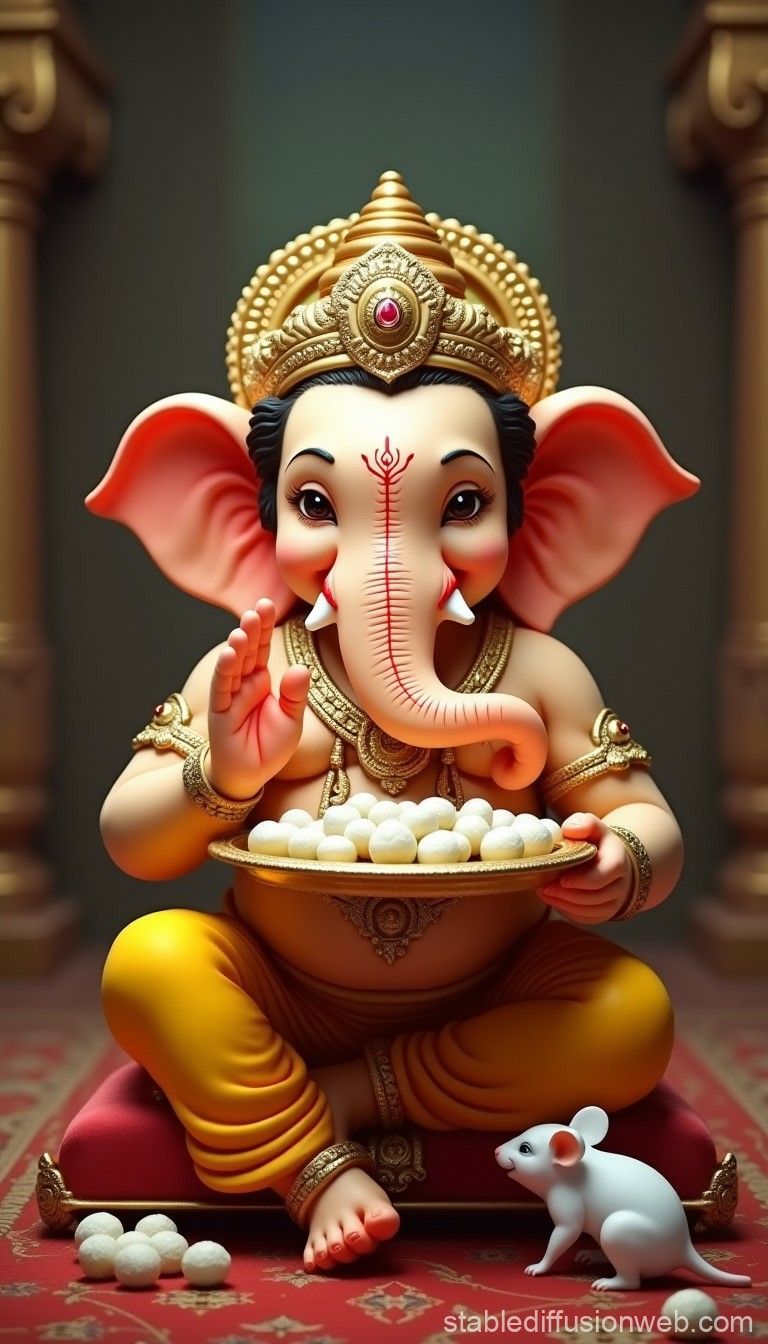 Ganesha with modaks and his mouse.