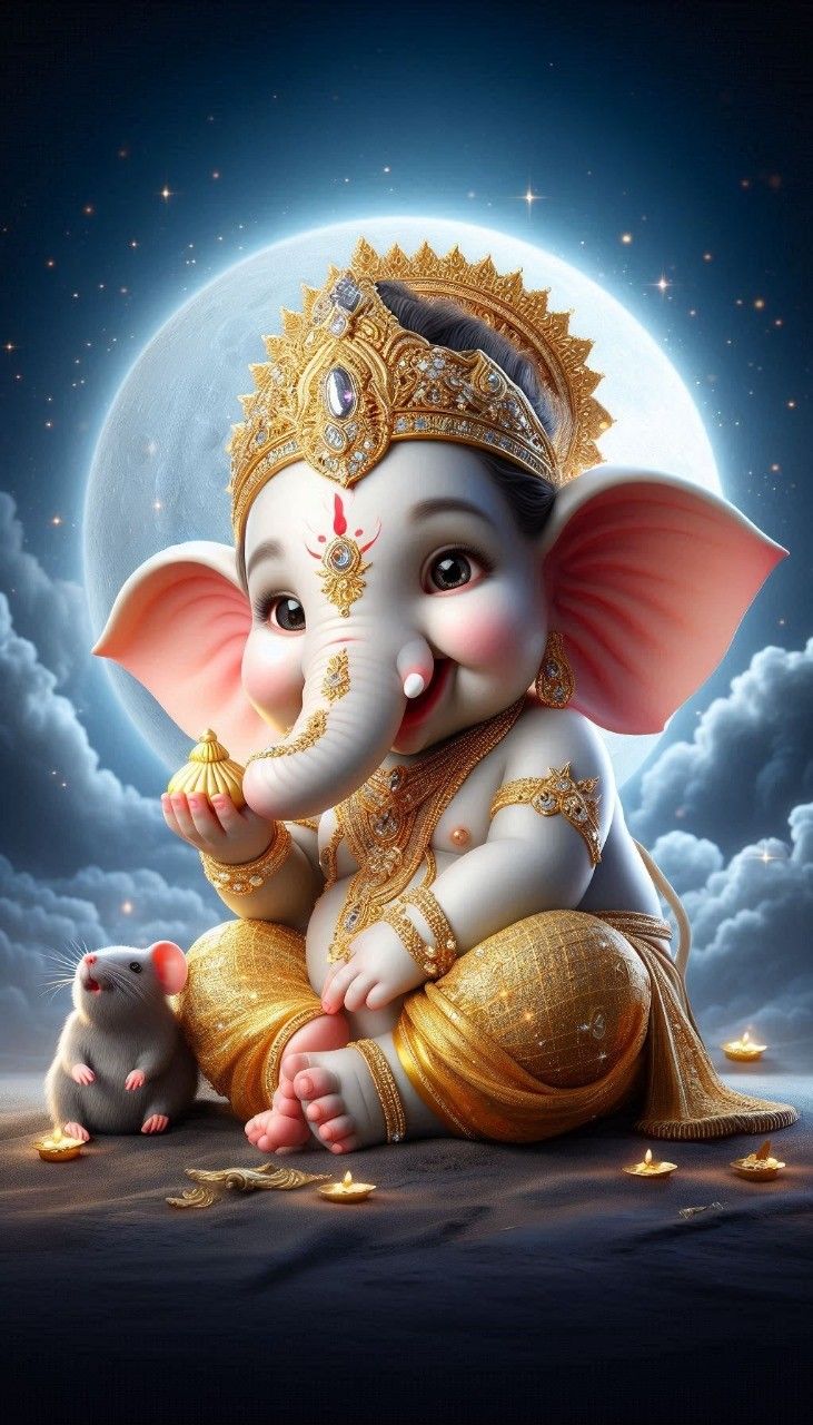 Baby Ganesha holding a golden sweet