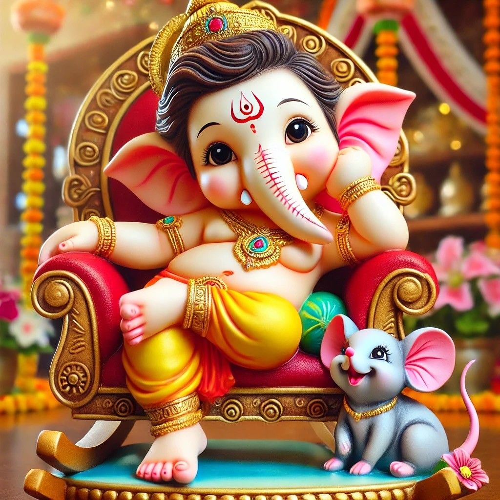 Adorable baby Ganesha on golden throne