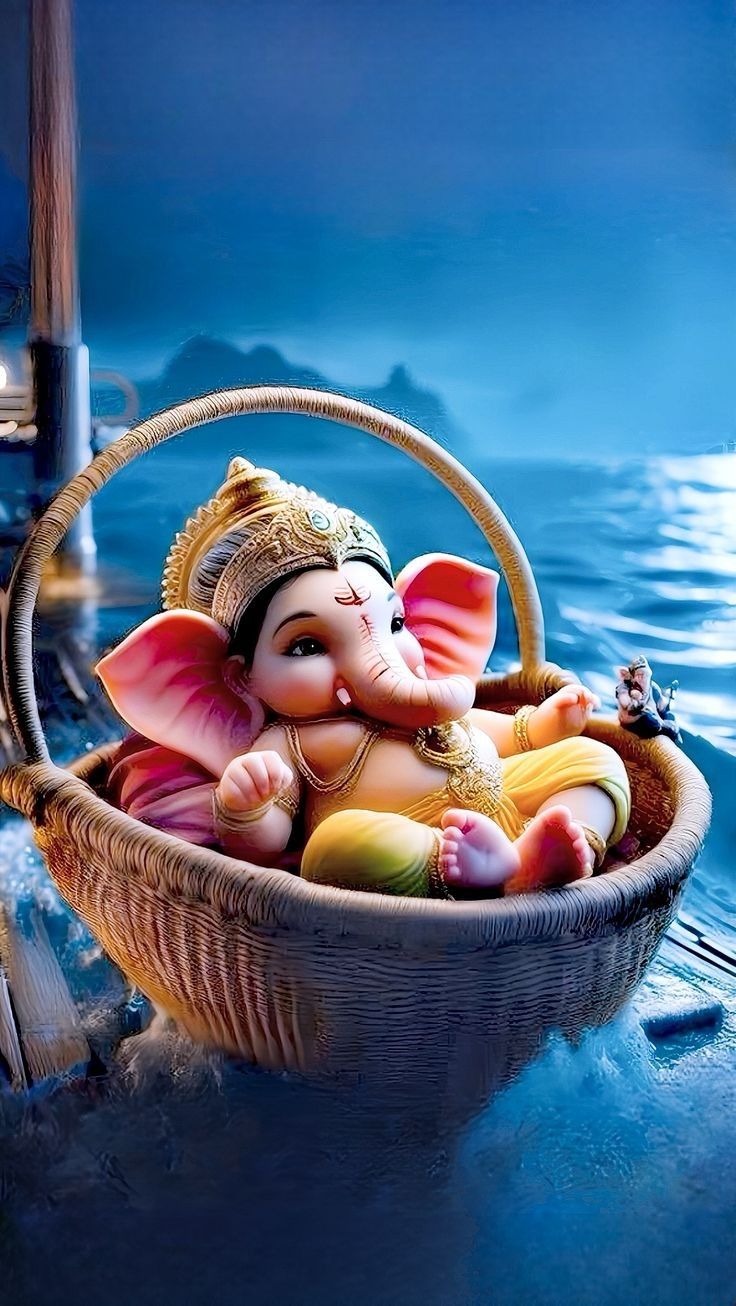 Baby Ganesha in a woven basket