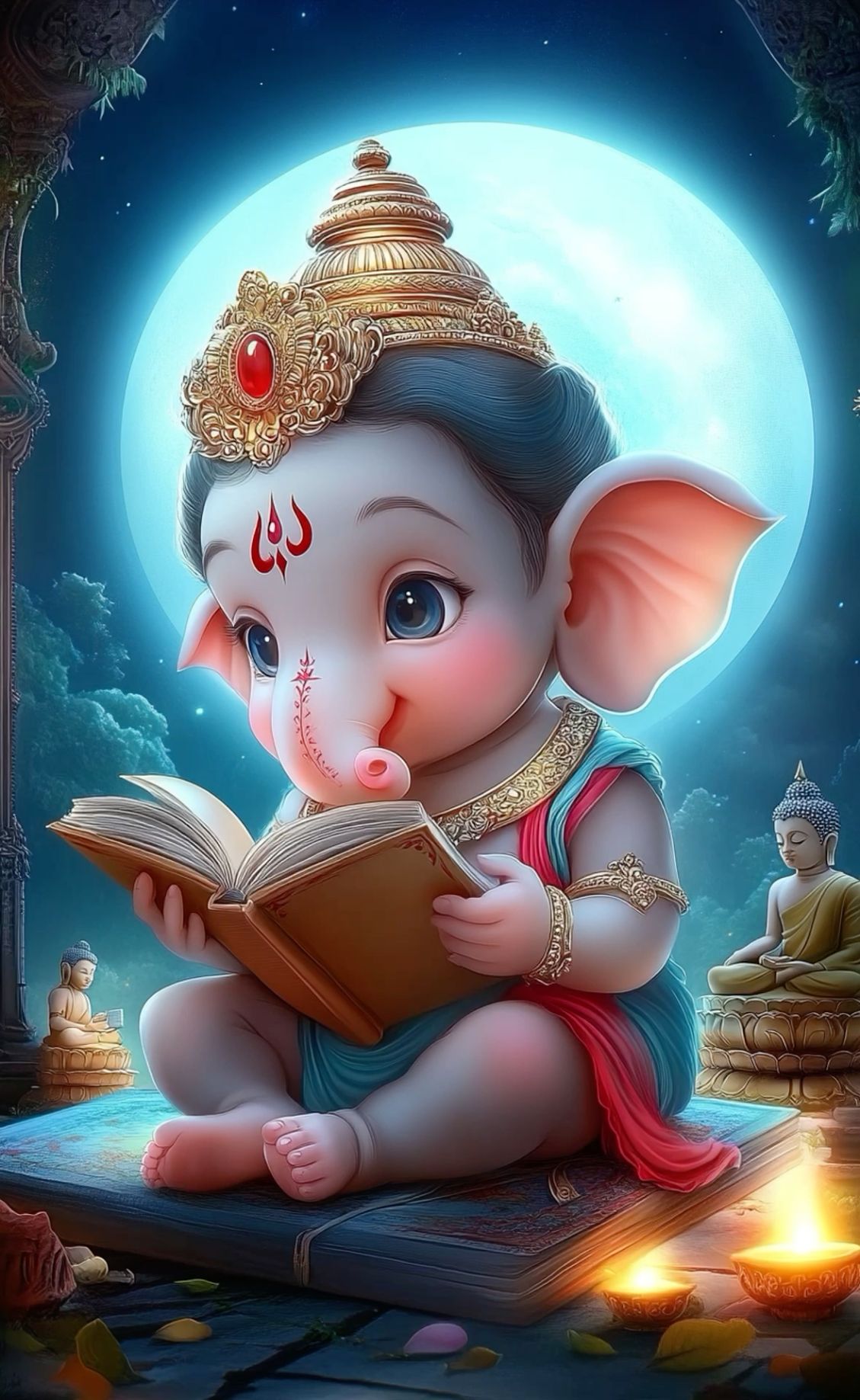 Baby Ganesha reading a sacred book