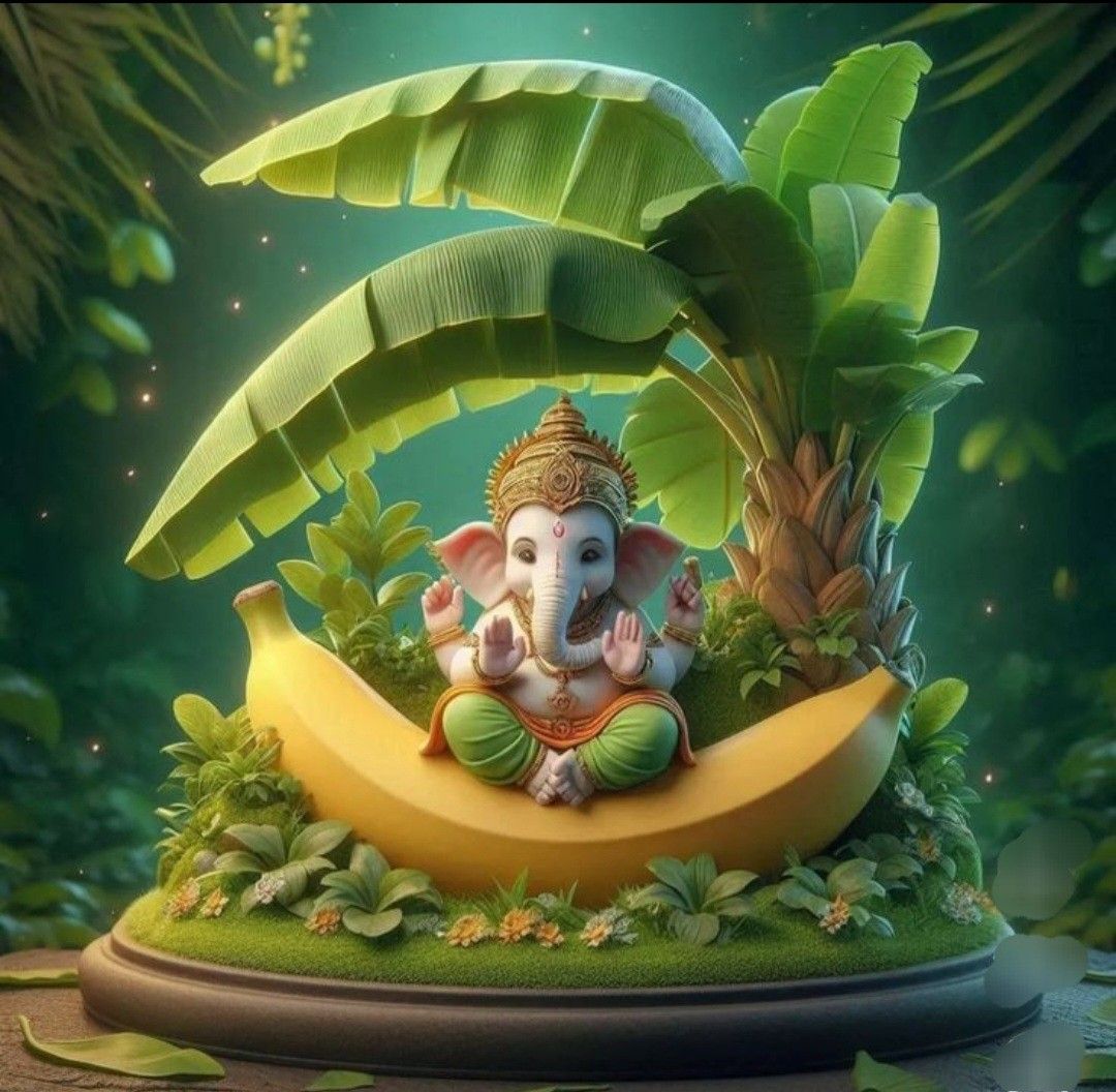 Ganesha seated on a banana leaf