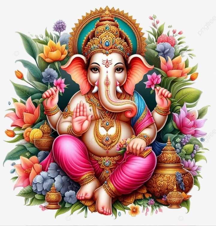 Lord Ganesha bestows blessings, floral backdrop