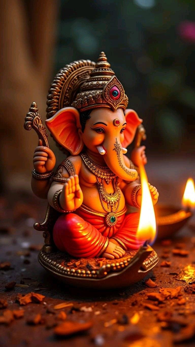 Lord Ganesha with diya and modak
