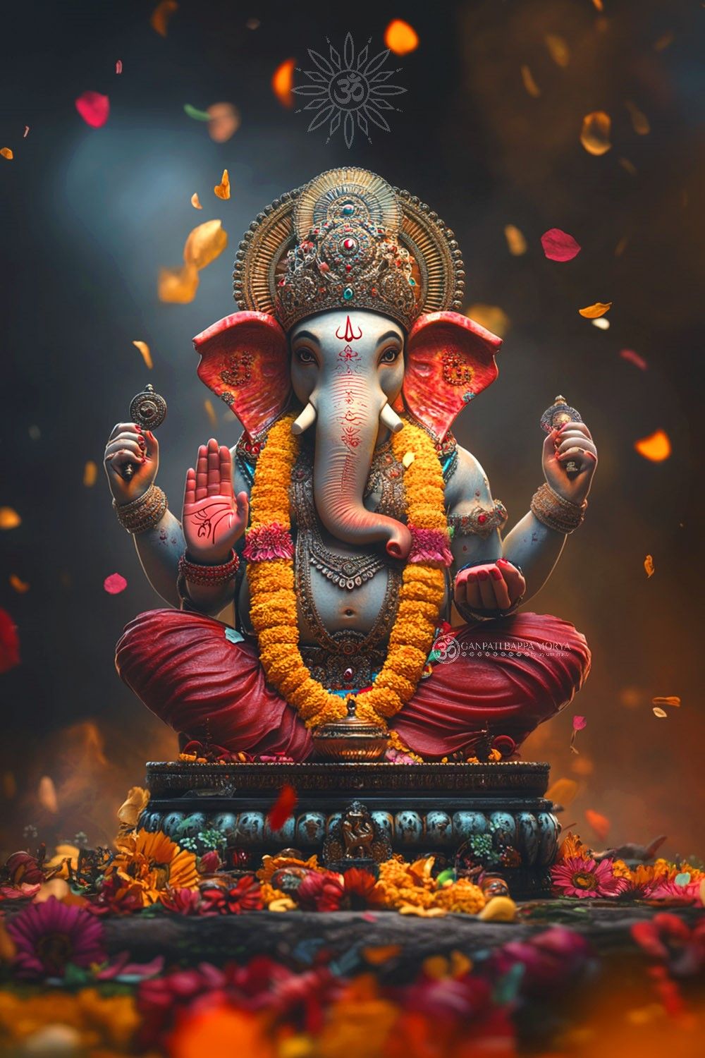 Lord Ganesha showered with flower petals