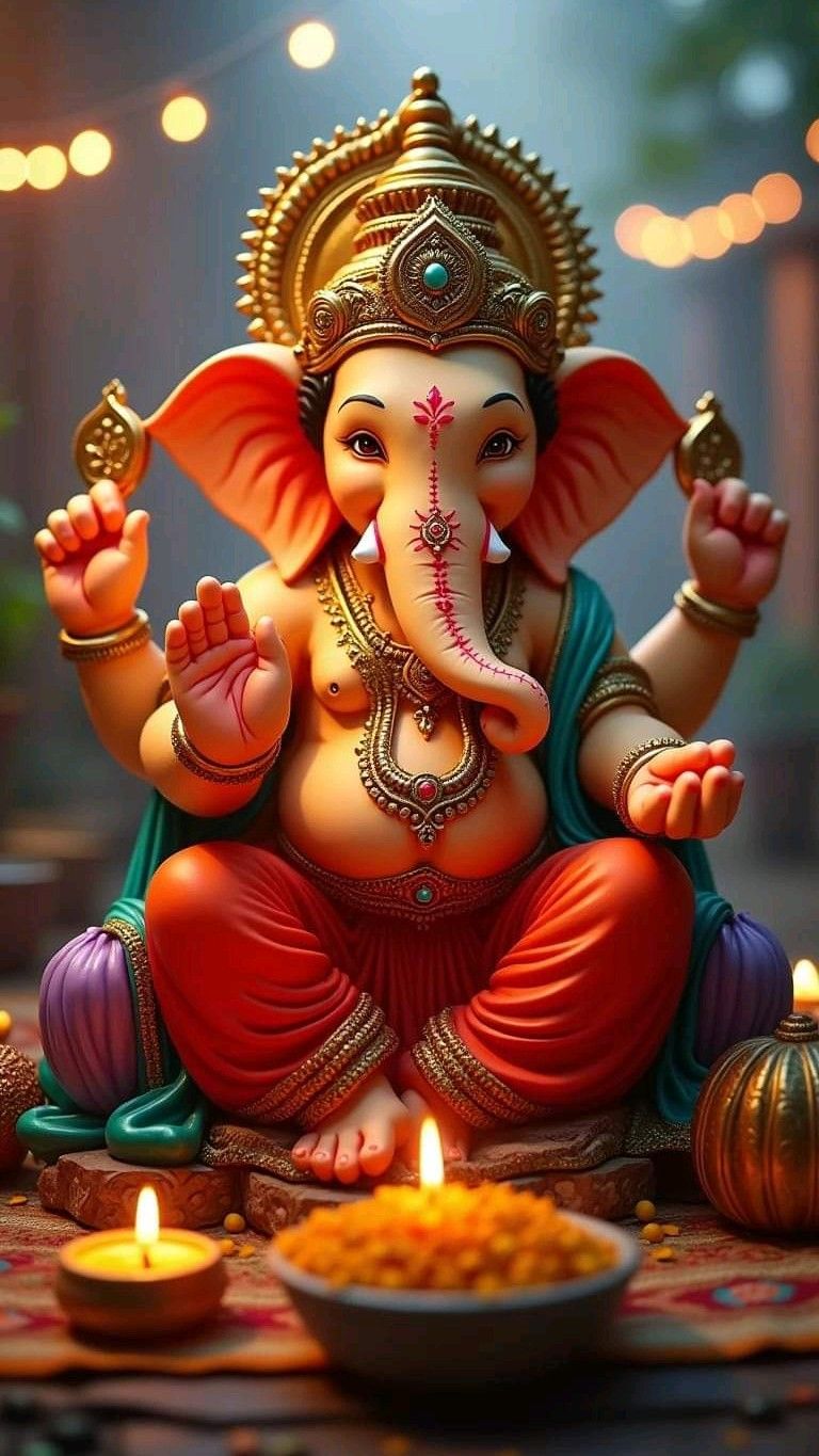 Lord Ganesha with diya and modak.