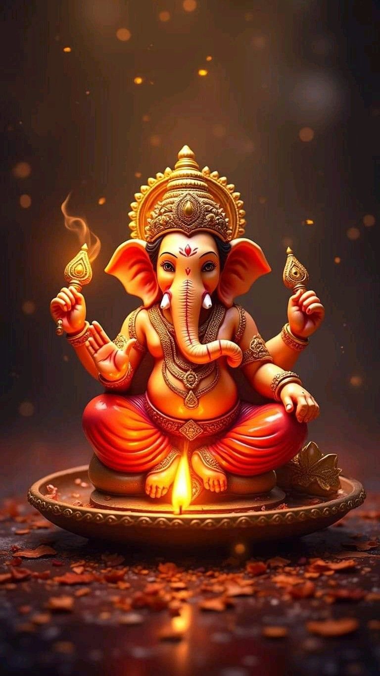 Golden Ganesha statue with lotus flower