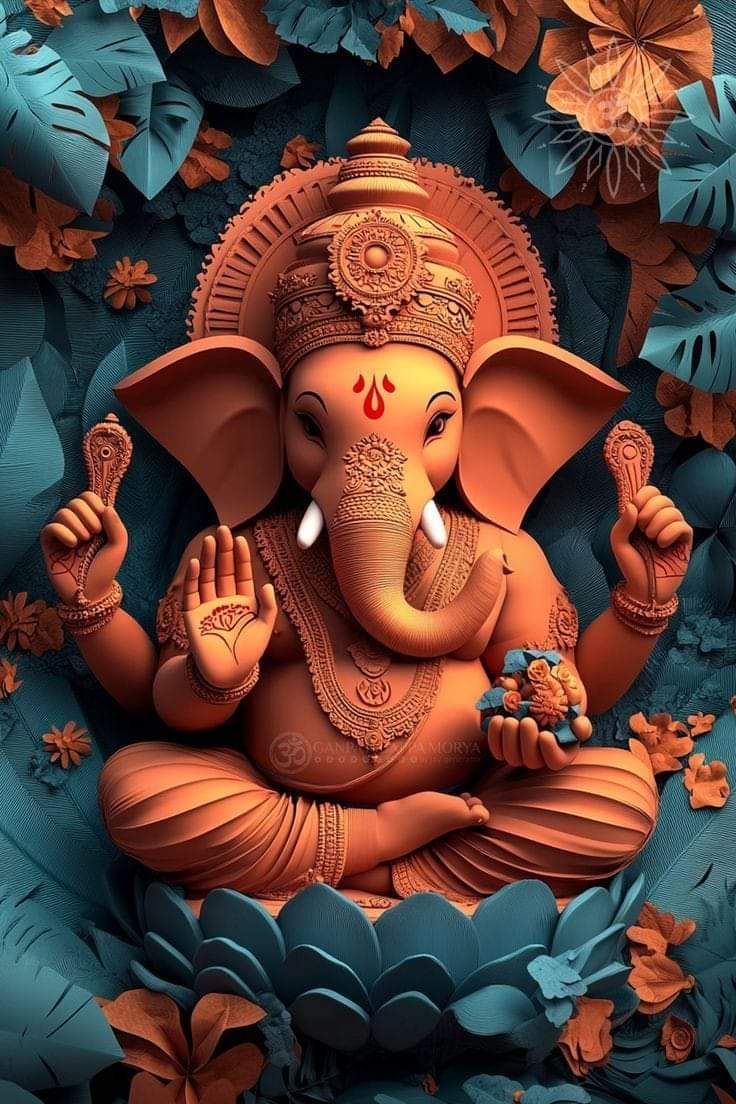 Lord Ganesha with lotus and flowers