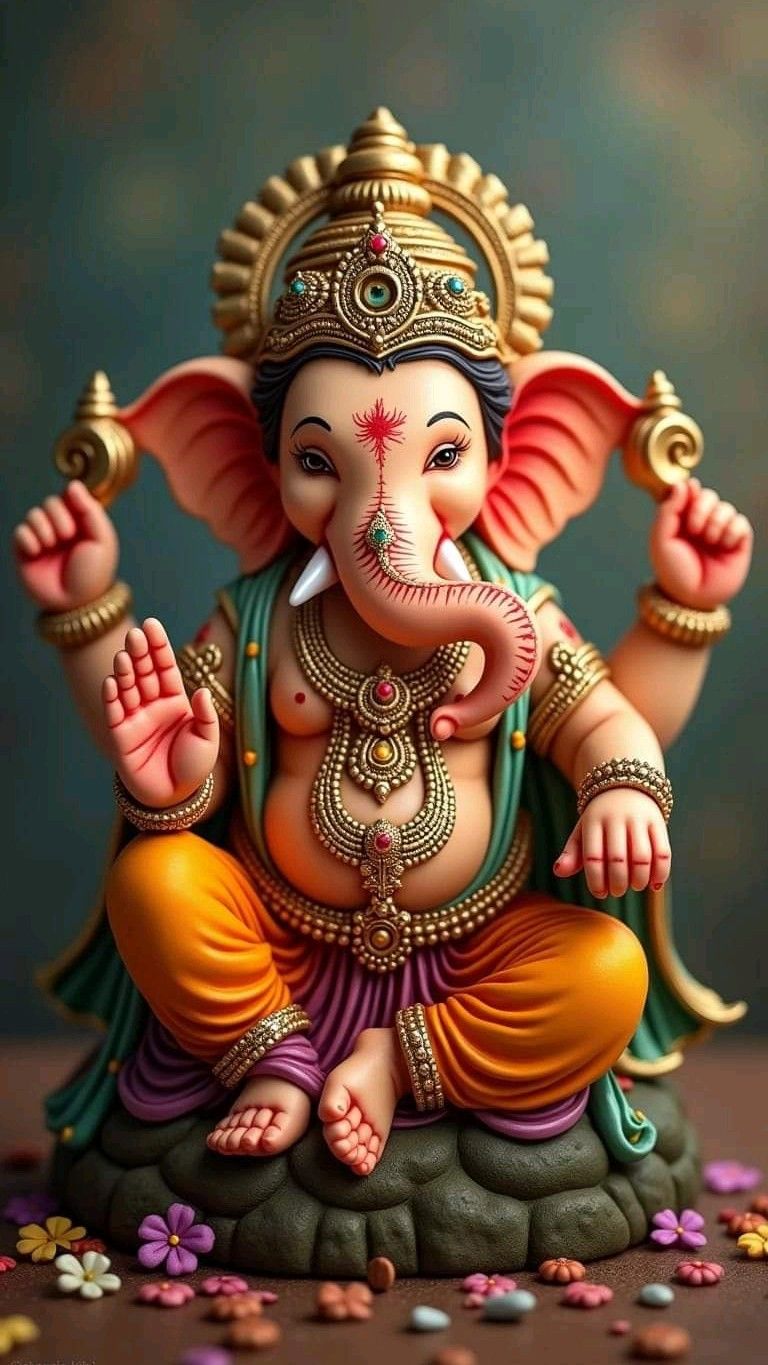 Close-up of Ganesha with golden adornments