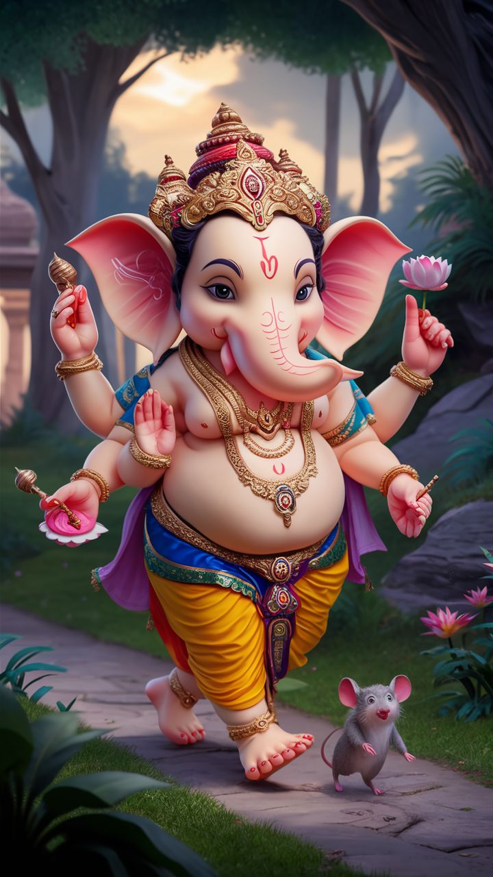 Lord Ganesha with lotus and mouse