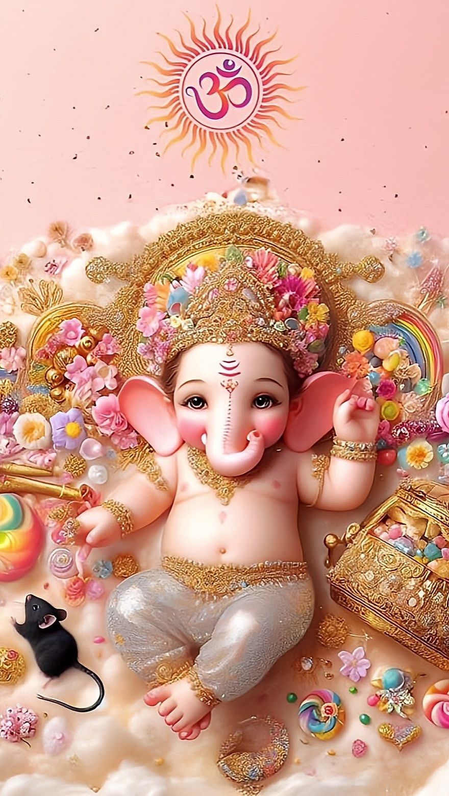 Adorable Ganesha surrounded by colorful flowers