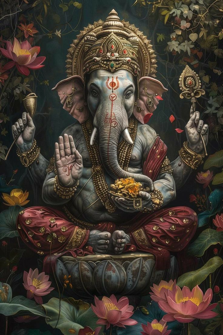 Lord Ganesha surrounded by pink lotuses