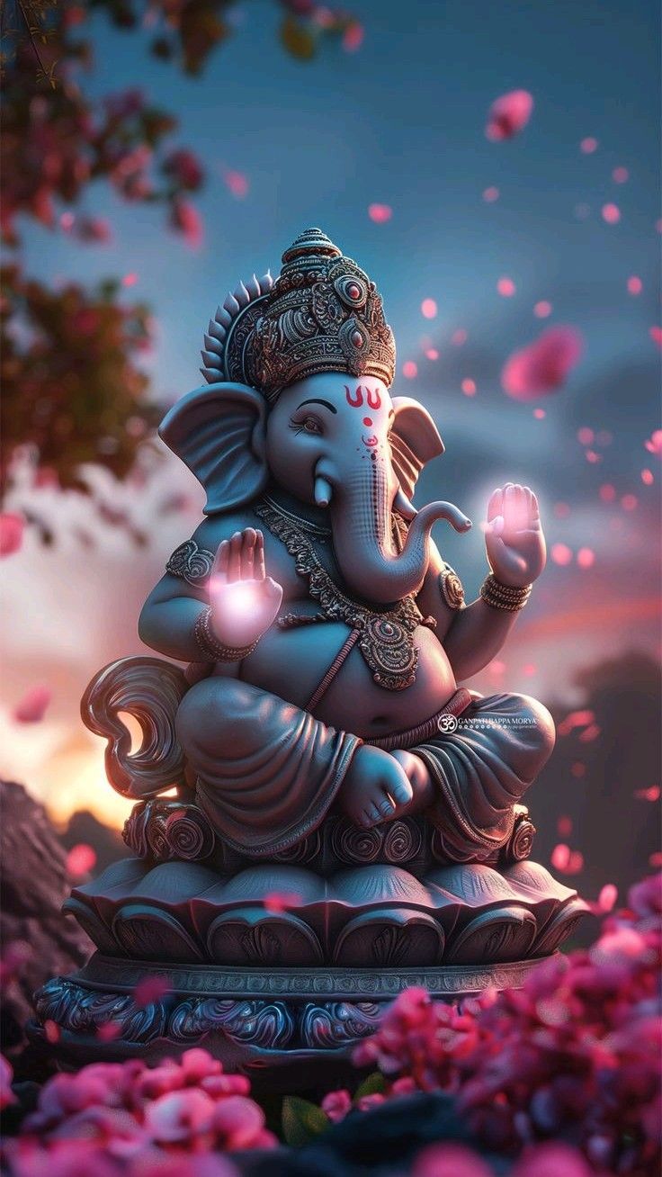 Ganesha with pink floral backdrop