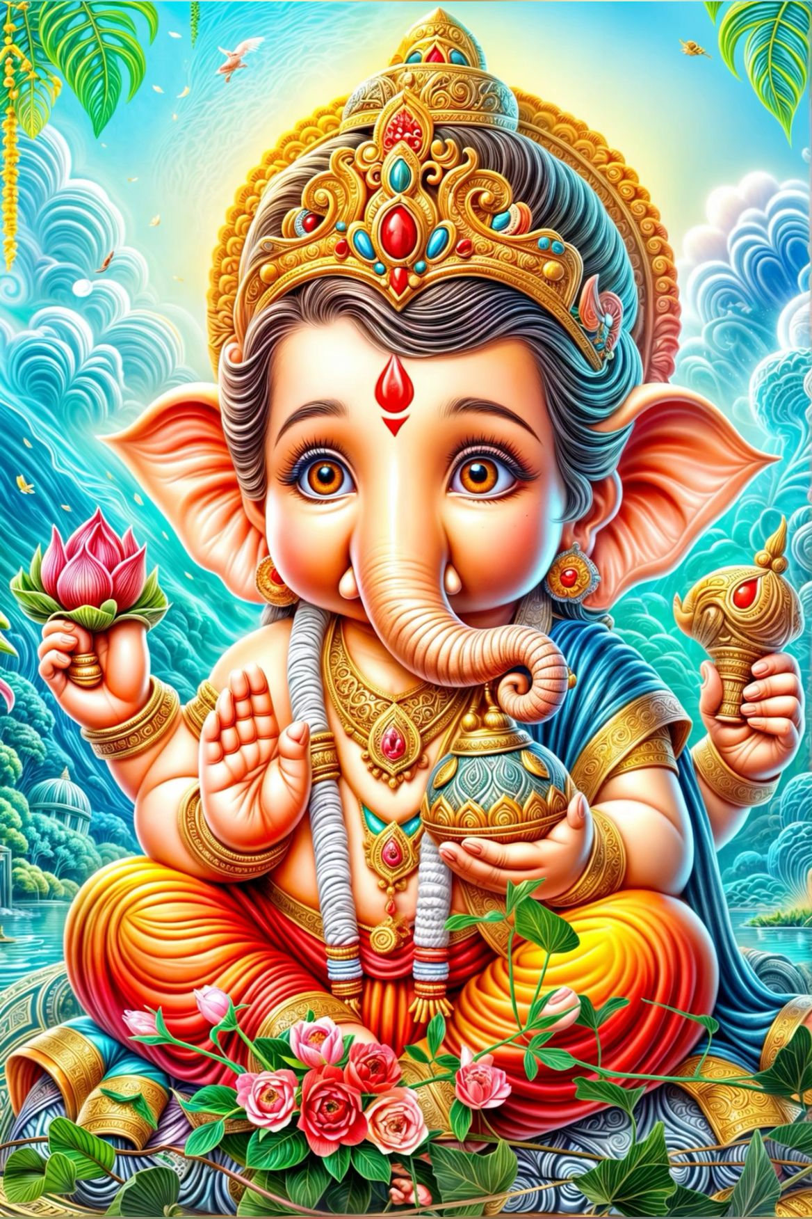 Smiling Ganesha with lotus and modak