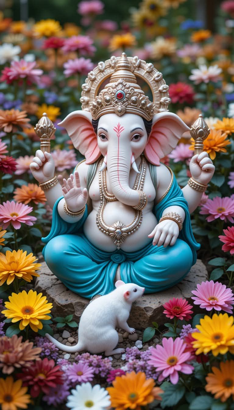 Ganesha amidst vibrant floral background
