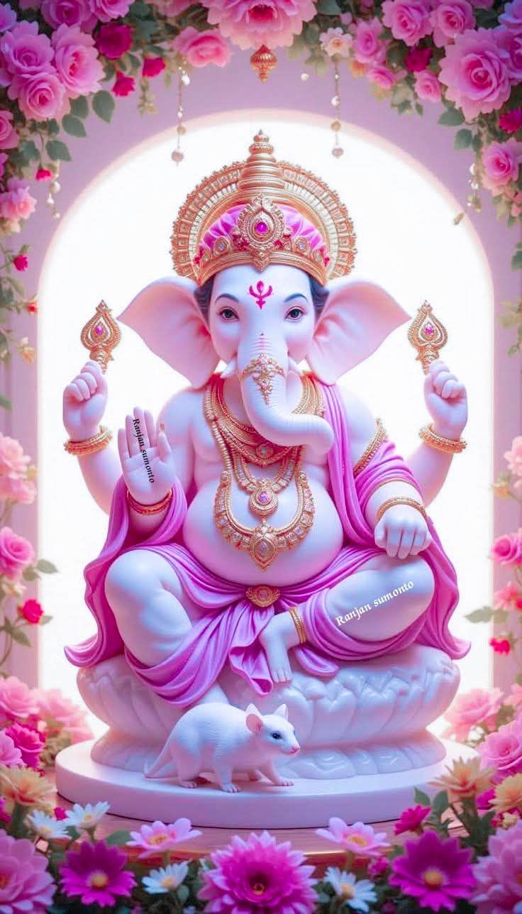Lord Ganesha with pink flowers