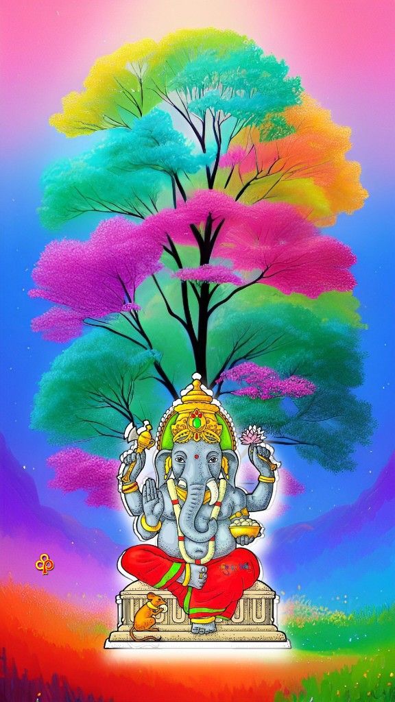Ganesha seated amidst blooming trees.