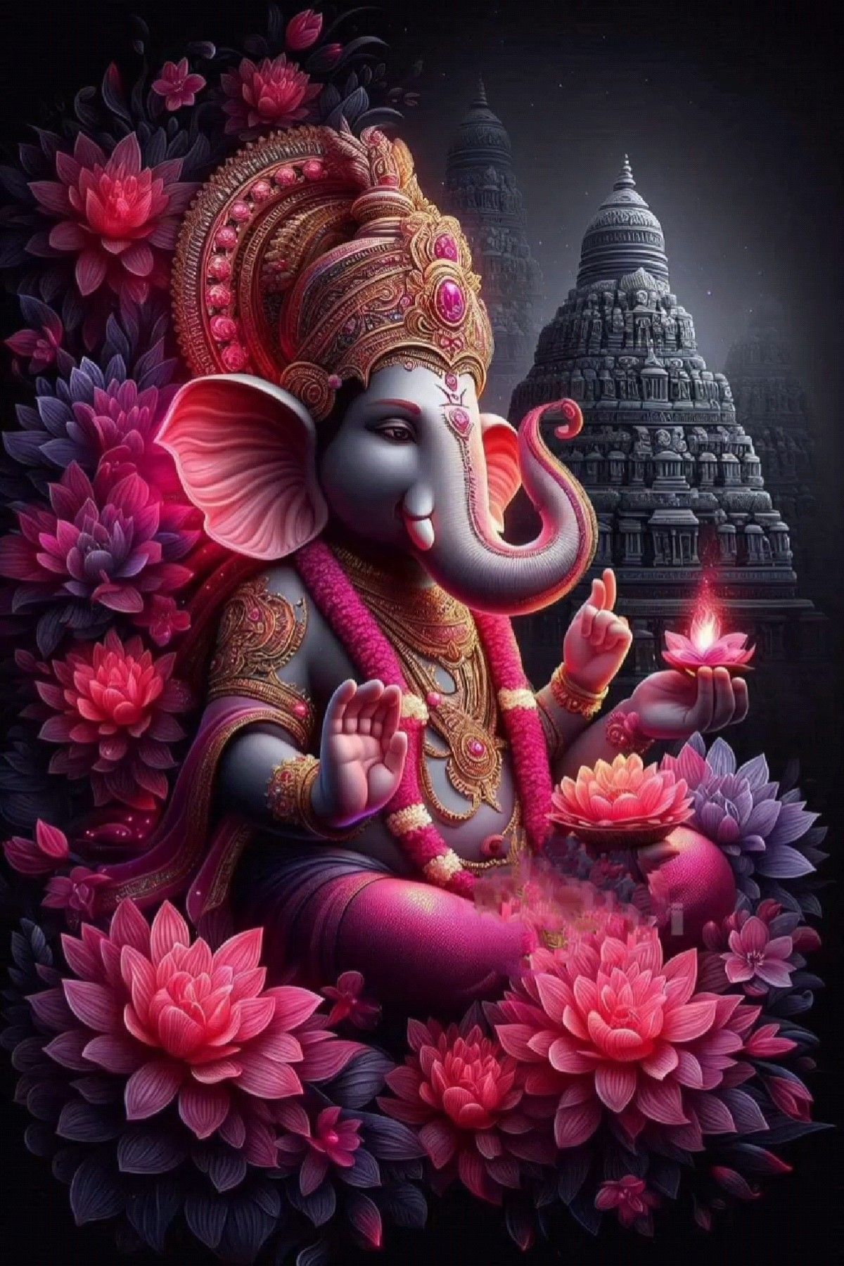 Lord Ganesha amidst blooming lotus flowers