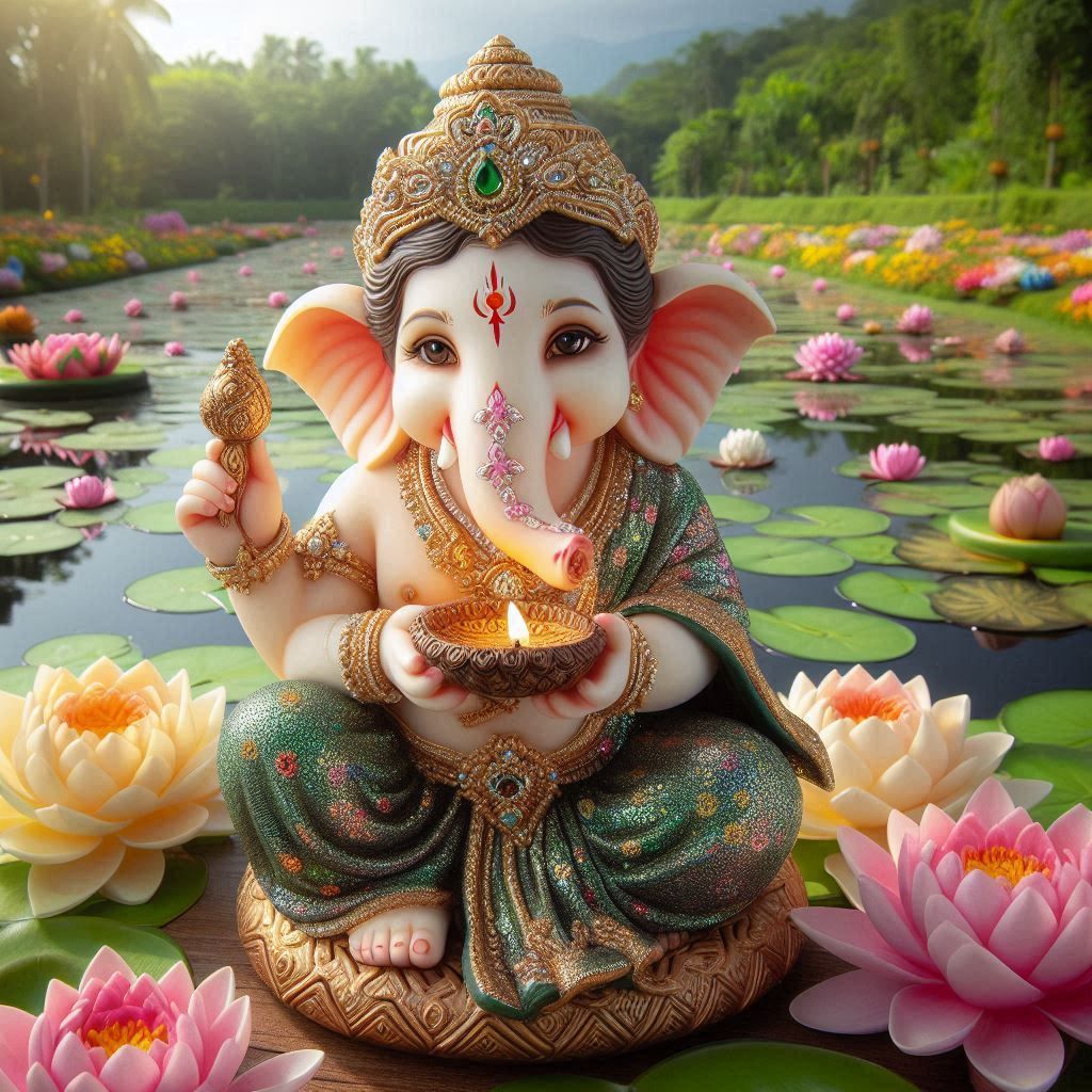 Lord Ganesha surrounded by lotus flowers