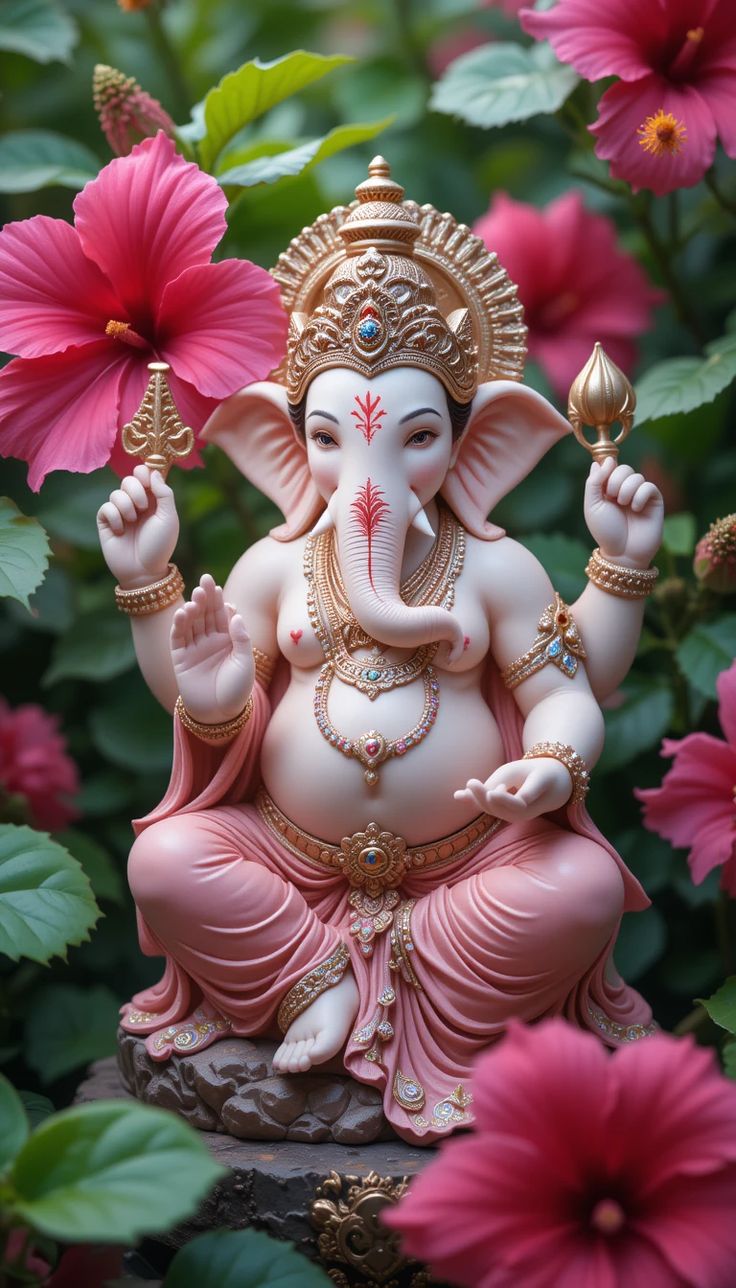 Ganesha amidst pink hibiscus blossoms