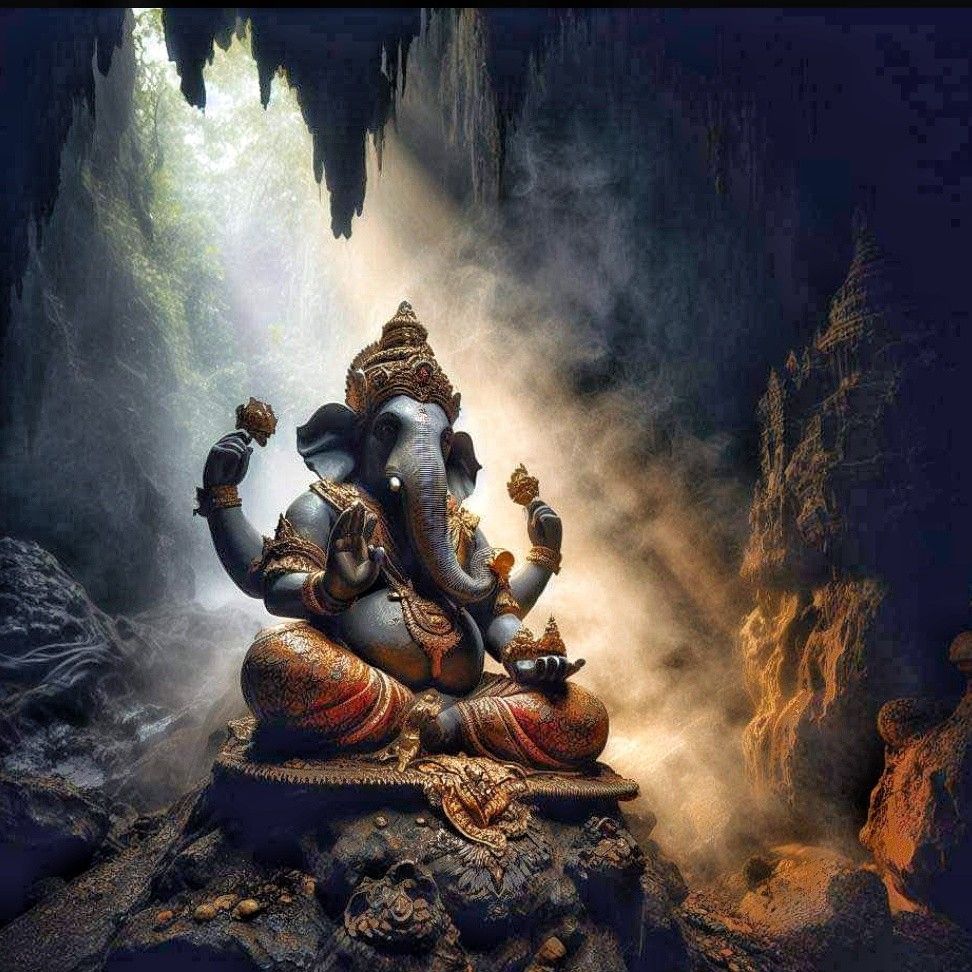 Ganesha in a dramatic cave landscape