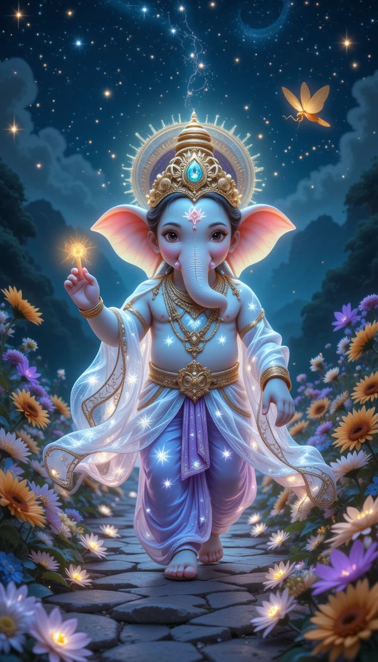 Baby Ganesha amidst flowers and stars