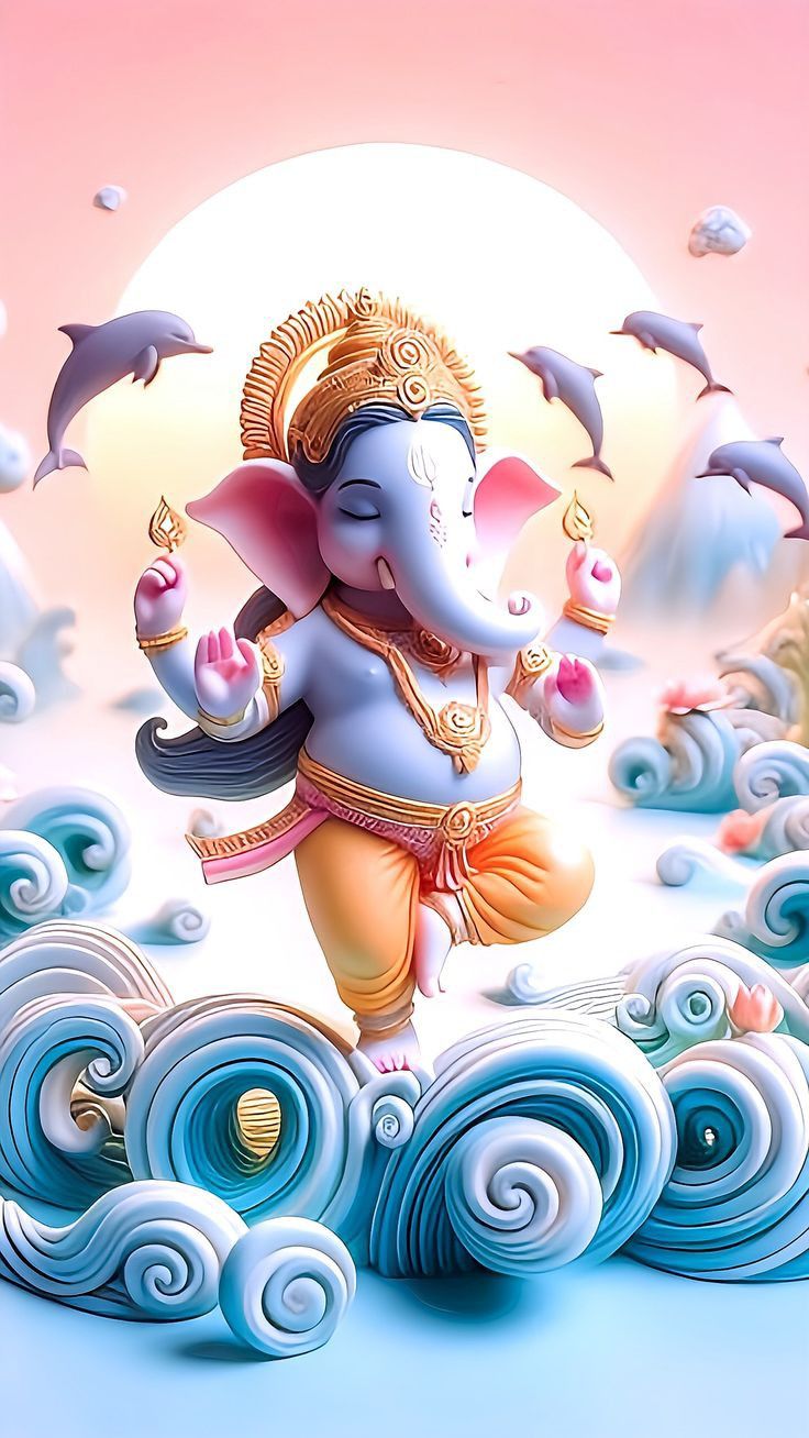 Lord Ganesha with dolphins and clouds
