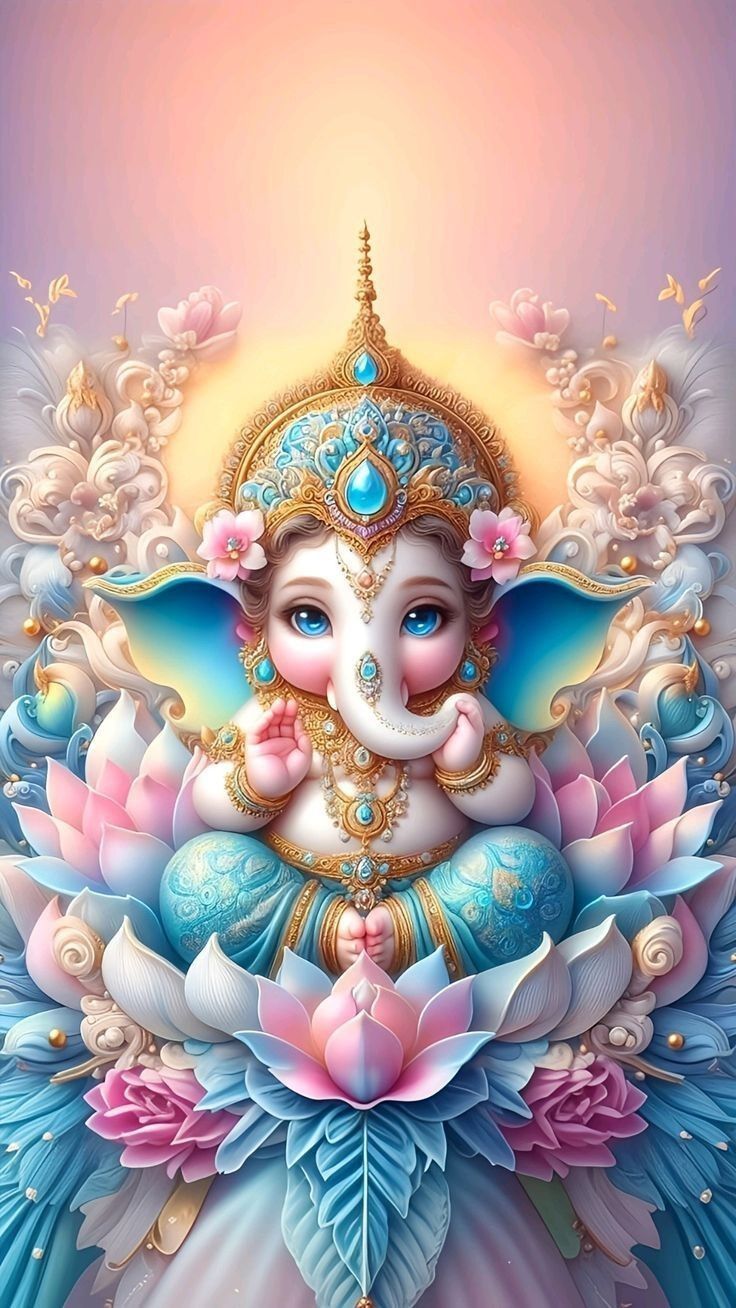 Smiling Ganesha amidst lotus flowers