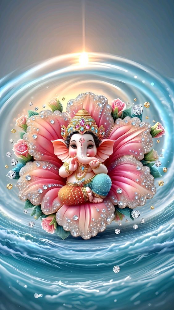 Ganesha seated in a lotus blossom.