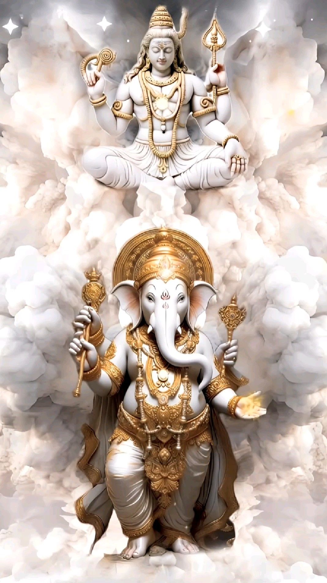 Ganesha and Shiva among swirling clouds