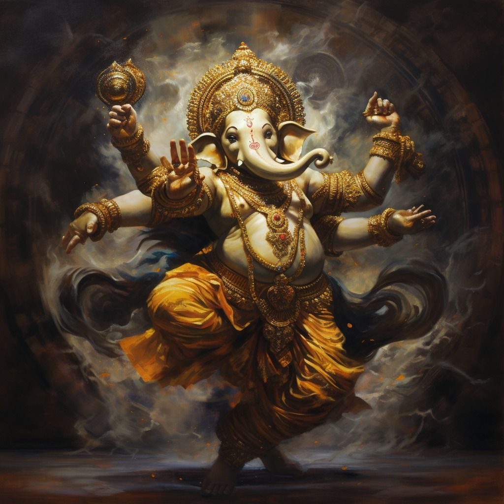 Lord Ganesha dancing in golden light