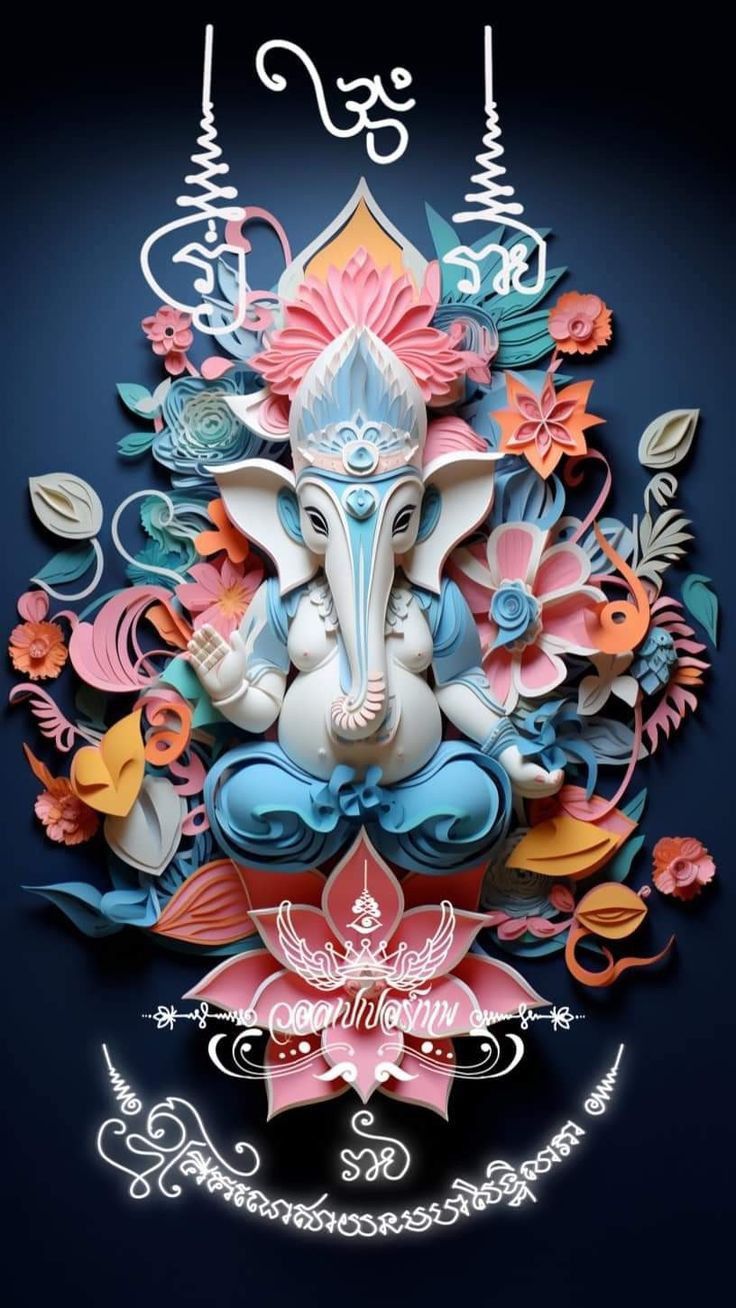 Lord Ganesha with lotus and flowers