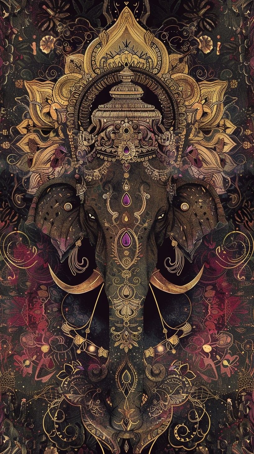 Golden Ganesha face with floral patterns