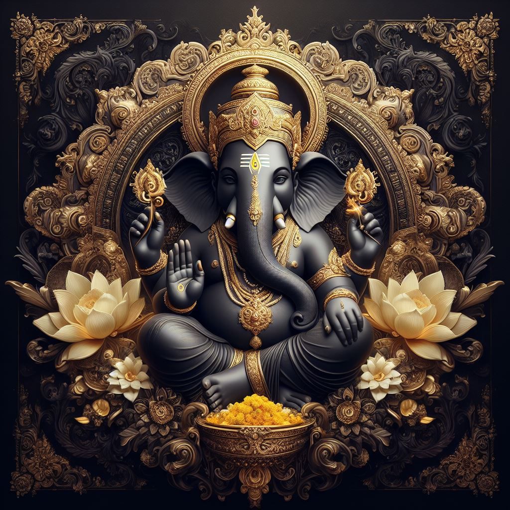 Golden Ganesha with lotus flowers