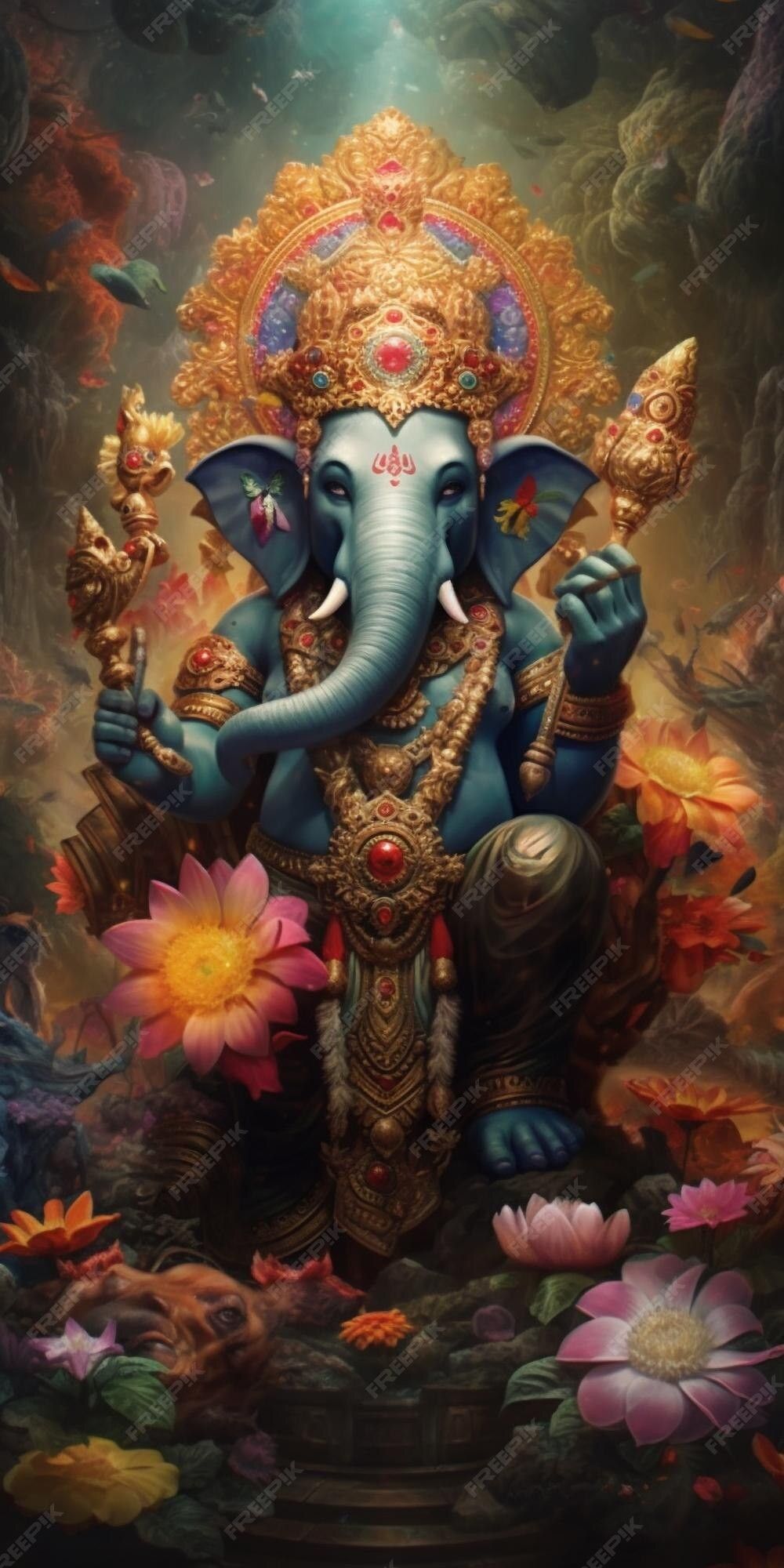 Lord Ganesha with lotus and flowers
